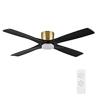 WINGBO 60 Inch Flush Mount DC Ceiling Fan with Lights and Remote, 4 Reversible Carved Wood Blades, 6-Speed Noiseless DC Motor, Hugger Ceiling Fan in Brass Finish with Black Blades, ETL Listed