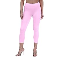 New Womens Plain Stretchy 3/4 Leggings Workout Tight Cropped Capri Active Pants Baby Pink