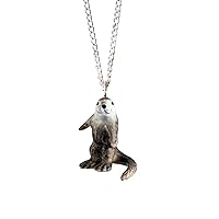 River Otter Porcelain Pendant Necklace Lucky Spiritual Animal Jewellery, Silver Plated Porcelain, grey