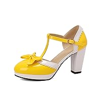 Womens High Heel T Strap Mary Jane Pumps with Bow Patent Leather Sweet Bow Round Toe Platform Shoes