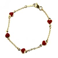 18K Yellow Gold Bracelet with Red Enamel Hearts 6 inch