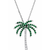 14k White Gold 19x15.2mm 18 Inch Polished Natural Tsavorite Garnet and .08 Carat Diamond Palm Tree N Jewelry Gifts for Women
