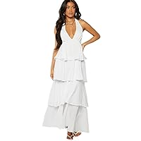 Dresses for Women Solid Layer Hem Halter Neck Backless Dress (Color : White, Size : X-Small)