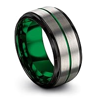 P. Manoukian Tungsten Carbide Wedding Band Ring 10mm for Men Women with Green Red Fuchsia Copper Teal Blue Purple Black Grey Center Line and Step Bevel Edge Black Grey Brushed Polished