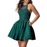 Women's Halter Lace Applique Short Homecoming Party Dresses with Pockets