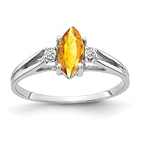 Solid 14k White Gold 8x4mm Marquise Citrine Yellow November Gemstone Diamond Engagement Ring (.04 cttw.)