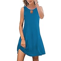 Summer Beach Dresses for Women 2023 Trendy Boho Floral Print Crew Neck T Shirt Dress Sleeveless Sundresses with Pockets Pure Blue XX-Large