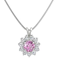 Beautiful Round Shape Created Pink Sapphire & Cubic Zirconia 925 Sterling Sliver Halo Cluster Pendant Necklace for Women's,Girls 14K White/Yellow/Rose Gold Plated