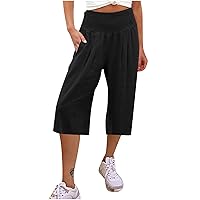 FunAloe Women Loose Fitting Linen Pants Elastic High Waist Wide-Leg Palazzo Pants 3/4 Length Lounge Trousers with Pockets
