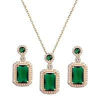 Bling Queen Women's Gold Plated Emerald Crystal With Cubic Zirconia Jewelry Set