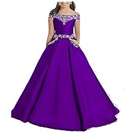 Girl's Satin Beaded Pageant Dress with Pockets A Line Off Shoulder Princess Ball Gown Purple