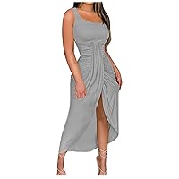 Womens Sexy One Shoulder Ruched Split High-Low Dress Summer Draped High Waist Sleeveless Club Party Maxi Dresses