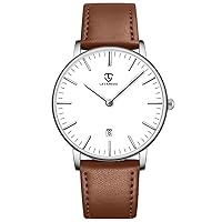 aswan watch Flat Men's Analogue Quartz Watch with Leather Strap, Date, 2 Hands, 39 mm Case Size
