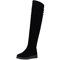BIGTREE Over The Knee Boots Women Fall Winter Warm Faux Suede Metal Strap Black Flat Riding Boots