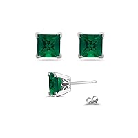 May Birthstone - Lab Created Princess Russian Scroll Emerald Stud Earrings in 14K White Gold Availabe in 3mm - 8mm