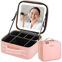 Travel Makeup Bag with Light up Mirror,Light Makeup Train Case,Makeup Brushes Storage Organizer,Portable Cosmetic Bag Organizer Artist Storage Bag with Adjustable Dividers(Pink)