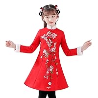 Winter Girls' Thicken Cotton Dresses,Chinese Style Stand-Up Collar Embroidered Long-Sleeved Cheongsam Dresses.