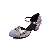 TDA Women's Low Thick Heel Closed Toe Ankle Strap Glitter Synthetic Salsa Ballroom Practice Latin Modern Dance Shoes