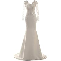 Melisa Women's V Neck Lace Beaded Mermaid Wedding Dresses for Bride Long Sleeve with Train Tulle Bridal Gown