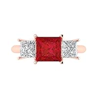 2.97ct Princess Cut 3 Stone Solitaire with Accent Simulated Red Ruby designer Modern Statement Ring Solid 14k Rose Gold