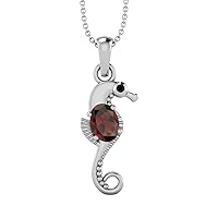 Seahorse Fish Pendant! 7X5mm Oval Shape Garnet and 2mm Round Black Spinel 925 Sterling Silver 18