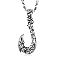 Mens Stainless Steel Large 3D Hawaiian Fish Hook Pendant Necklace