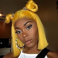 Yellow 10 Inch Short Bob 150% Density Short Straight Hair Lace Frontal Synthetic Hair Wigs For Black Women With Baby Hair Bleached Knots