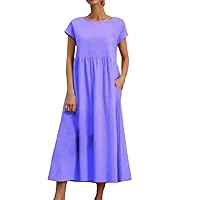 Womens Cotton Linen Maxi Dress with Pockets Casual Short Sleeve Crew Neck Baggy Loose Flowy Beach Dress