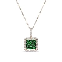 Princess Cut Lab Created Emerald & Round Diamond 1.58 ctw Women Halo Pendant Necklace 14K Gold