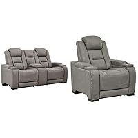 Signature Design by Ashley The Man-Den Leather Power Reclining Loveseat (Gray) and Recliner (Gray)