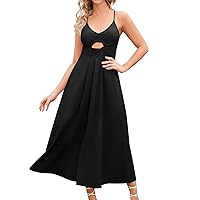 Women's Summer Dress Ladies Spaghetti Strap Dress Sleeveless V Neck Casual Maxi Dresses with Pockets(Black,Small)
