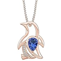 ABHI Created Pear Cut Blue Sapphire Gemstone 925 Sterling Silver 14K Gold Over Diamond Cute Penguin Pendant Necklace for Women's & Girl's