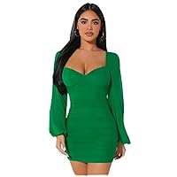 Sweetheart Neck Lantern Sleeve Ruched Bodycon Dress (Color : Green, Size : XX-Small)