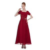 Burgundy Chiffon Square Neck Ankle Length Prom Dress With Short Sleeve