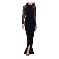 Betsy & Adam Long Sleeve Illusion Mesh Halter Jersey Gown