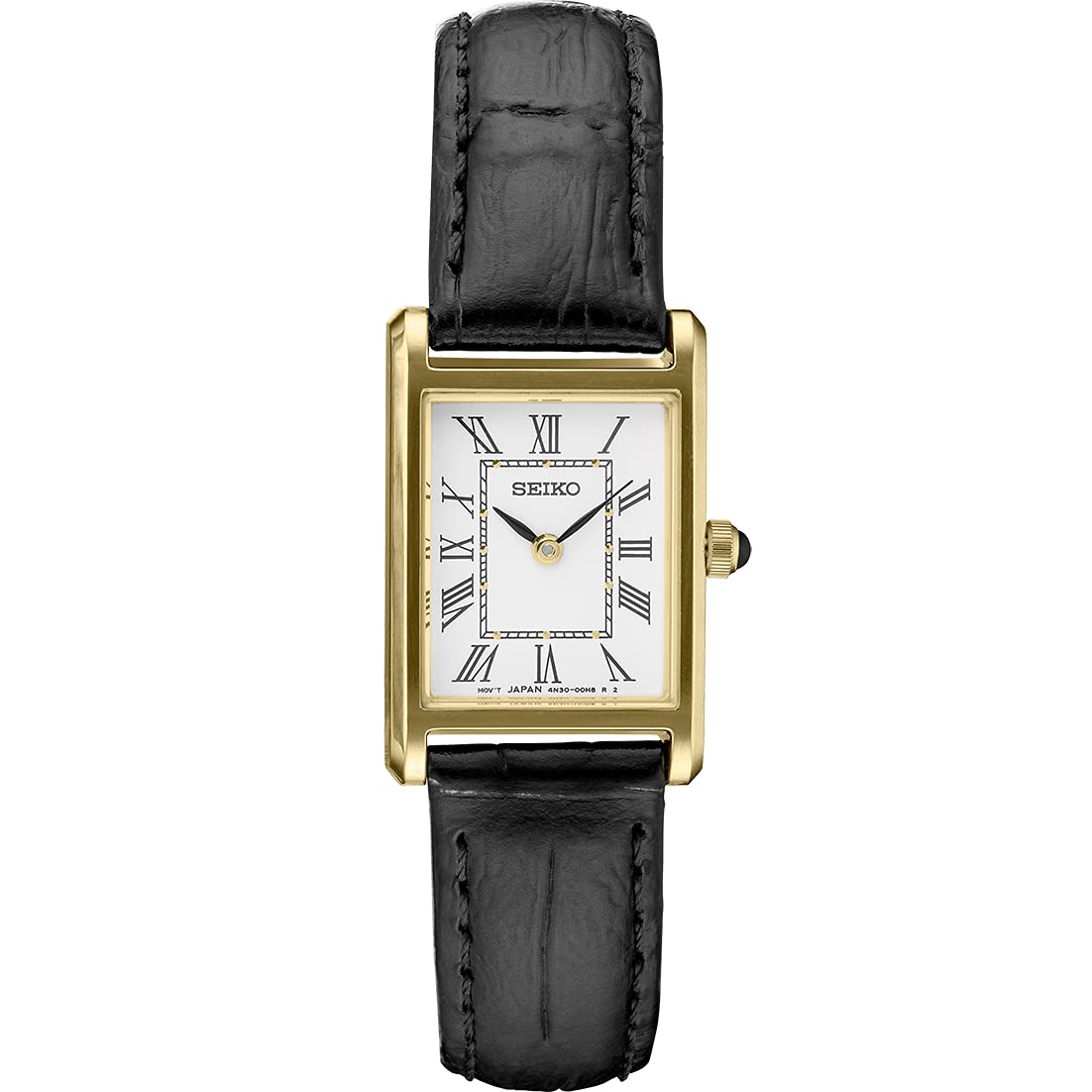 SEIKO SWR054 Watch for Women - Essentials Collection - Water Resistant with Gold-Tone Stainless Steel Rectangular Case, White Dial with Roman Numerals, and Black Leather Strap