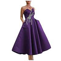 Satin Midi Homecoming Dress for Women A Line Beaded Prom Dress with Pockets Strapless Party Dress PM51