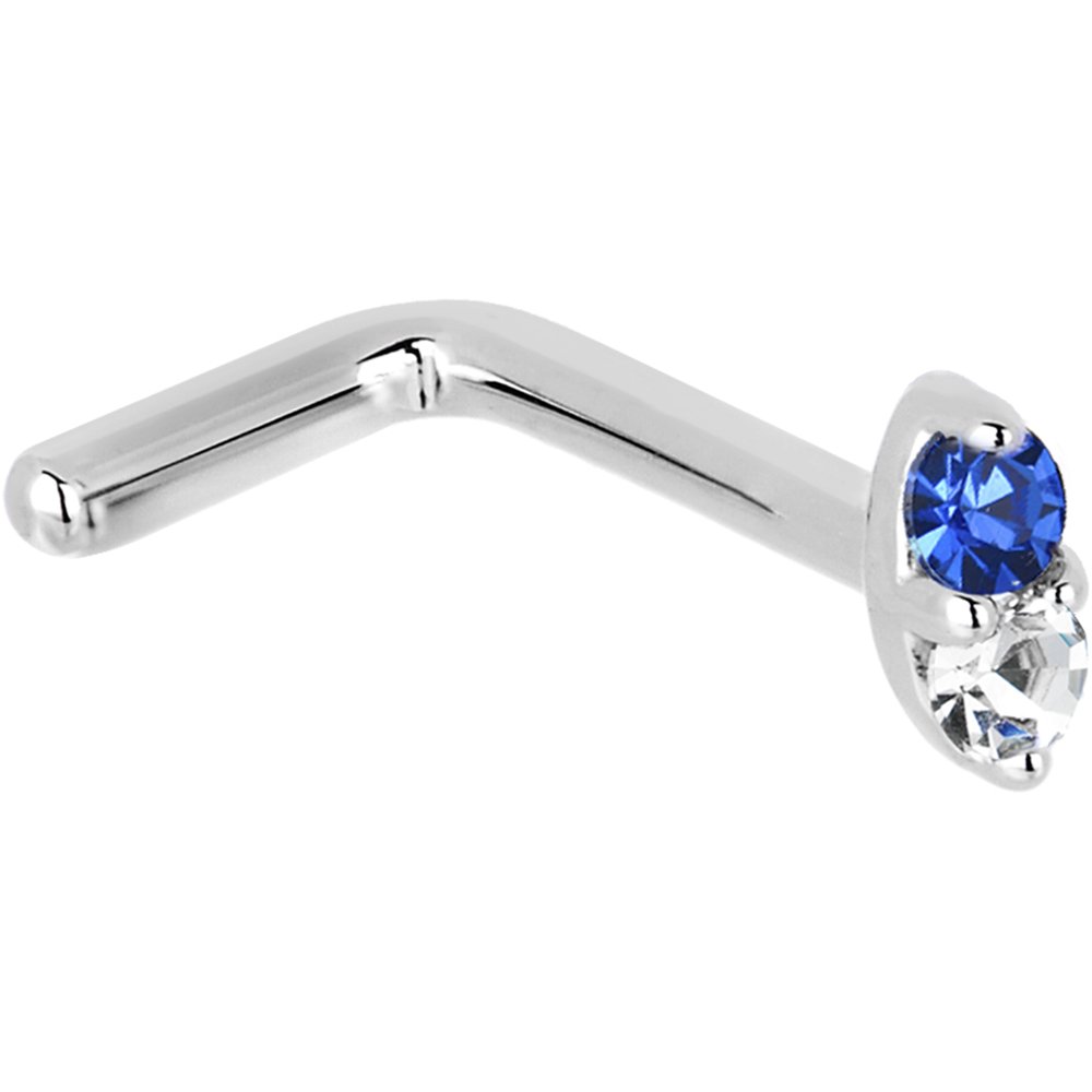 Body Candy Solid 14k White Gold 1.5mm Genuine Blue Sapphire Diamond Marquise L Shaped Nose Stud Ring 18 Gauge 1/4