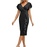 Women Casual Summer Dresses 2024 Spring Wrap V Neck Ruffle Short Sleeve Ruched Business Pencil Dress Elegant Dress