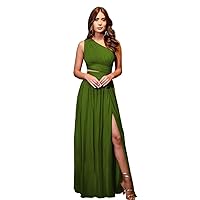 Women’s A Line One Shoulder Chiffon Bridesmaid Dress, Sleeveless Split Formal Evening Party Gown with Pockets