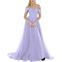 Tulle Prom Dresses Long Off Shoulder Lace Appliques Formal Evening Party Dress