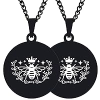 2PCS Mens Womens Queen Bee Flower Art Tatoo Style Solid Polished Stainless Steel Pendant Necklace Chain