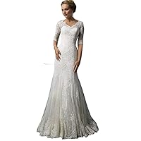 Women's Lace 1/2 Sleeve Mermaid Long Wedding Dress V Neck Tailed Prom Dress