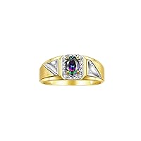 Rylos Men's Rings Classic 7X5MM Oval Gemstone & Sparkling Diamond Ring - Color Stone Birthstone Rings for Men, Yellow Gold Plated Silver Ring in Sizes 8-13. Unique Mens Jewlery
