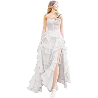 Women's Strapless Lace Applique Prom Dresses Tiered A Line Formal Evening Party Gowns with Slit