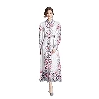 2024 Ladies Maxi Retro Floral Printing Chiffon Collared Neck Long Puff Sleeve Layered Goddess Belted Shirt Dress#6688