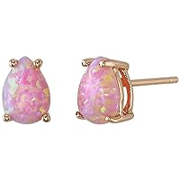 Peora Solid 14K Rose Gold Created Pink Opal Earrings for Women, Classic Solitaire Studs, 7x5mm Pear Shape, 1 Carat total, Friction Back