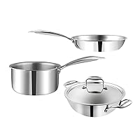 Vinod Platinum Triply Stainless Steel 3Pcs Combo Set Silver (Induction Friendly)(Kadai,Frypan and Milkpan)