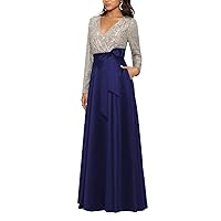 Sparkle Sequined V Neck Wedding Guest Dress for Women Long Sleeve Shine Mother of The Bride Dress with Bow LS011