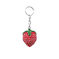 Strawberry Fruit Czech Glass Seed Bead 3D Figurine Keychain Metal Ring - Handmade Gifts Boho Car Keys Bag Food Accessories
